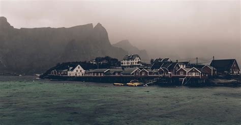 thick fog   remote fishing village  stock photo