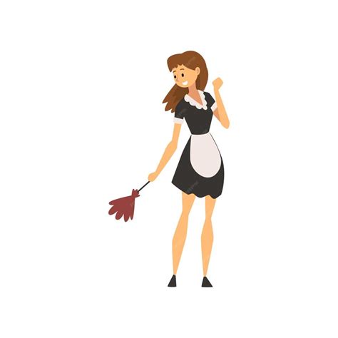 Premium Vector Smiling Maid Standing With Duster Housemaid Character Wearing Classic Uniform