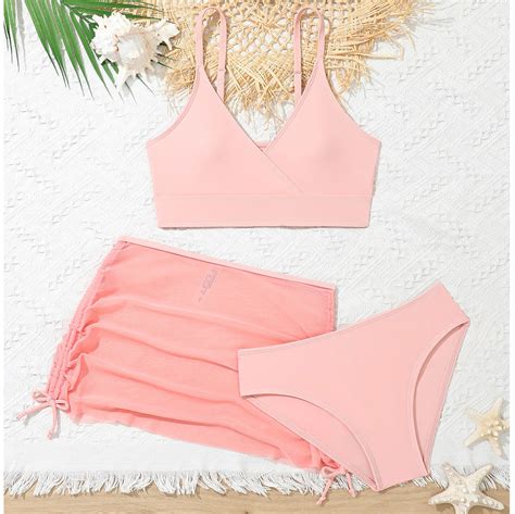 Swimsuit For Girls Cute Girls 3 Piece Plain Swimsuit Wrap Bikini With Ruched Cover Up Skirt Set