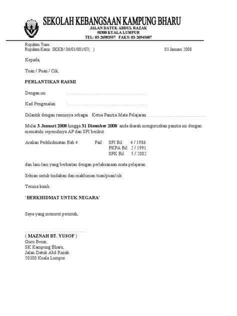 Contoh Surat Pelantikan Ketua Panitia Dan Bond