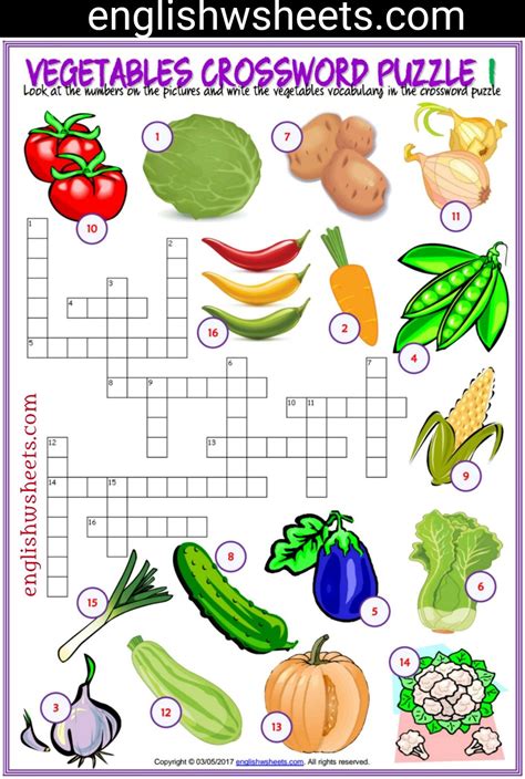 Vegetables ESL Printable Crossword Puzzle Worksheets