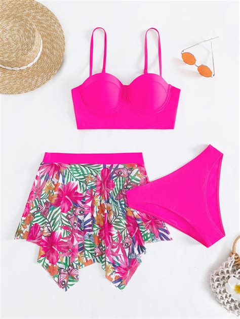 SHEIN Swim Vcay Conjunto De Bikini Con Estampado Tropical Sujetador Push Up Parte Inferior De