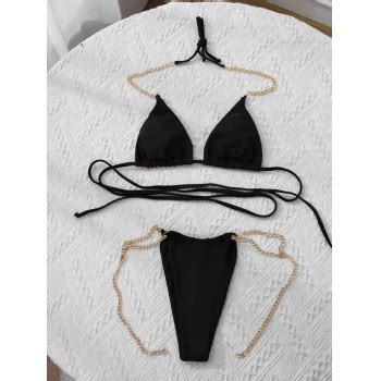 Emmiol Free Shipping Chain Embellished Halter Bikini Set Black M In Bikini Sets Online