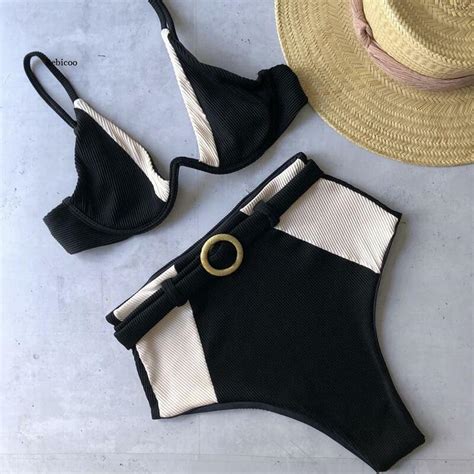 High Waist Bikini Mujer Women Bikini Patchwork Push Up Swimwear Bathing Suit Buckle Belt