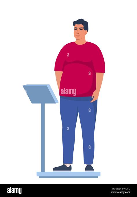 Fat Obese Man Standing On Weigh Scales Oversize Fatty Boy Obesity