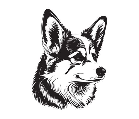 Pembroke Welsh Corgi Face, Silhouette Dog Face, black and white