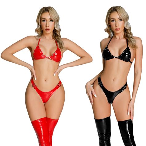 Wetlook Conjunto De Bikini De L Tex Para Mujer Lencer A Sexy Fetiche Sujetador Brillante De