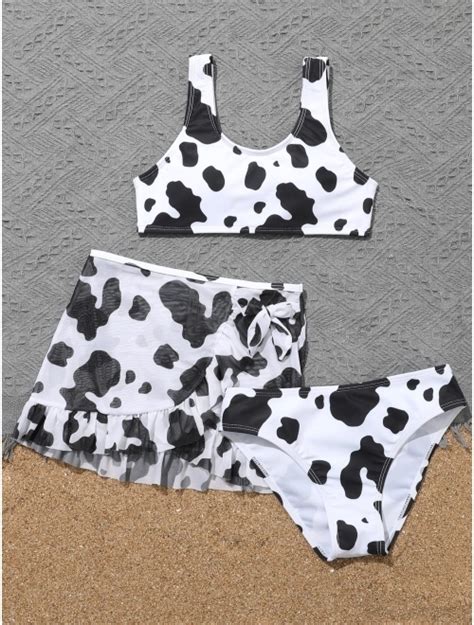 Buy Shenhe Girl S Cow Print Scoop Neck Bikini Swimsuit Piece Bathing Suits With Beach Skirt