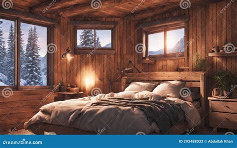 A Remote Mountain Cabin Bedroom With Neon Lights Creating A Cozy And Warm Stock Photo ...