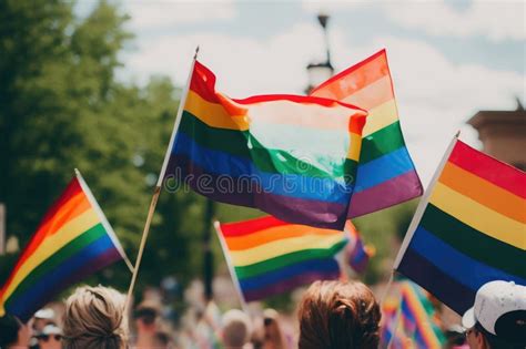 AI Generated Closeup Rainbow Flags Of LGBT Community Blowing In Wind At Street Of Gay Parade