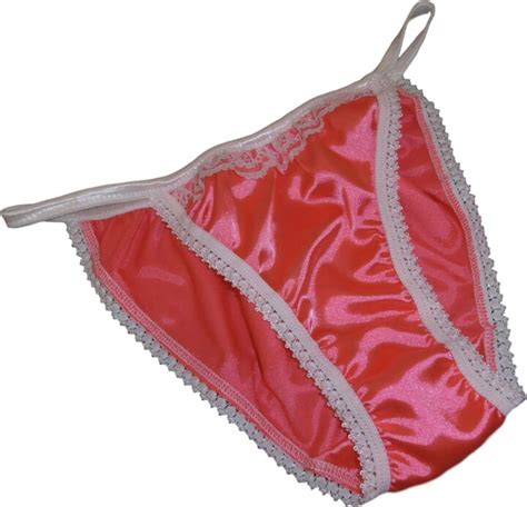 François de Loire Shiny Satin and lace Mini Tanga String Bikini Panties Coral with Ivory Trim