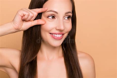 Photo Of Positive Cute Mature Woman Naked Shoulders Arm Eye Looking Empty Space Smiling Isolated