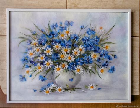 Картина из шерсти Ромашки и васильки в белой вазе на заказ в интернет ...