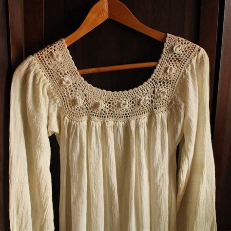 S Vintage Cream Crochet Indian Cotton Dress Maxi Gem