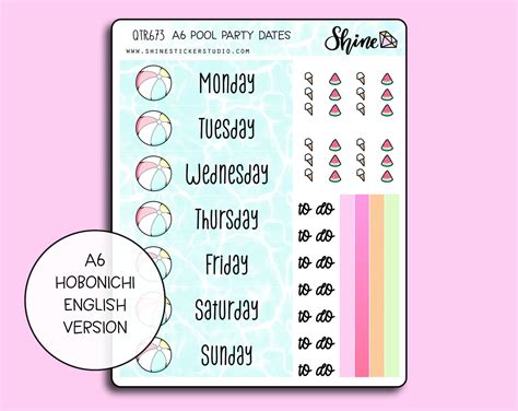 2 Dollar Tuesday A6 Pool Party Hobonichi Date Cover Stickers