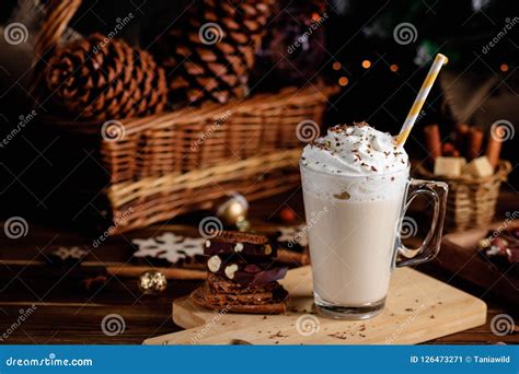 Hot Chocolate Drink With Whipped Cream Cozy Christmas Composition On A