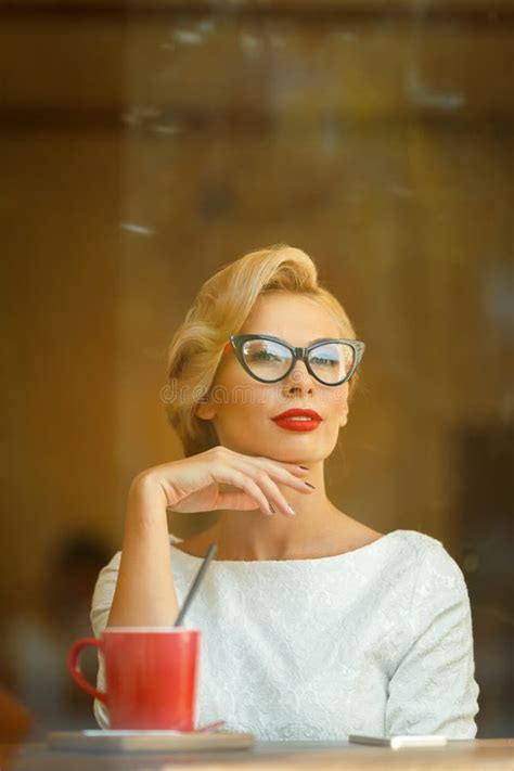Blonde In Retro Look Resting In Cafe Stock Photo Image Of Hairstyle Minimal