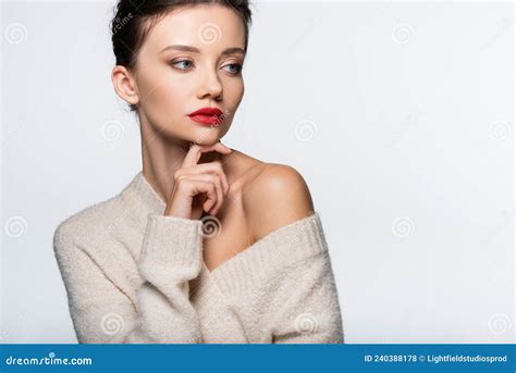 Trendy Model In Sweater With Naked Stock Photo Image Of Stylish Pretty