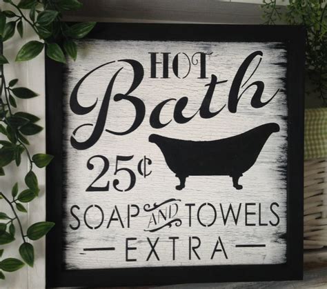 Bath Sign Hot Bath Cents White Black Bathroom Decor Vintage Shabby