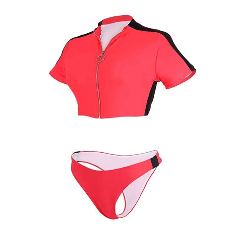Beachwear Short Sleeve Zipper Top Two Piece Sexy Bikini Swimsuit Low Waist Bathing Suit Buy