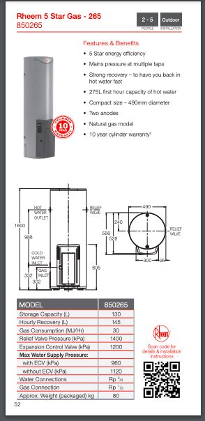 Specification Sheet Rheem Star L Natural Gas Hot Water System Tech Spec