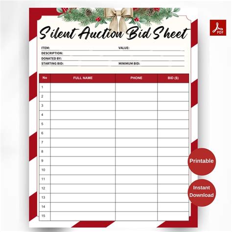 Silent Auction Bid Sheet Christmas Printable Silent Auction Bid Sheets