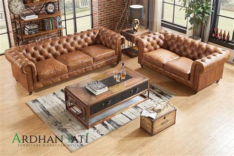 Sofa Tamu Kulit Chesterfield Brown Ardhan Jati Furniture