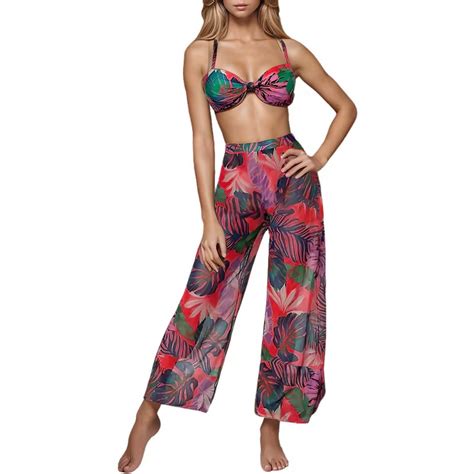 Youyipin Womens Swimsuits Women S 3 Piece Set Tropical Print High Cut Wrap Front Bikini Swimsuit