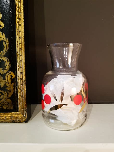 Vintage Glass Juice Carafevase With Red Polka Dots And Gold Leaves