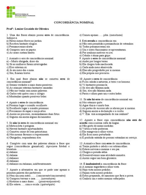 Exercicios Sobre Concordancia Nominal - Exercícios de Concordância Nominal | PDF | Estudos de Línguas ...
