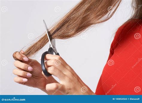 Haircut With Scissors Long Hair Brunette Stock Image Image Of Scissors Cute