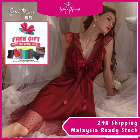 Women Lingerie Deep V Lace Sleep Dress Ice Silk Nightwear Baju Tidur Panjang Wanita Perempuan