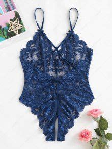 Sheer Scalloped Lace Criss Cross Crotchless Lingerie Teddy In Deep Blue