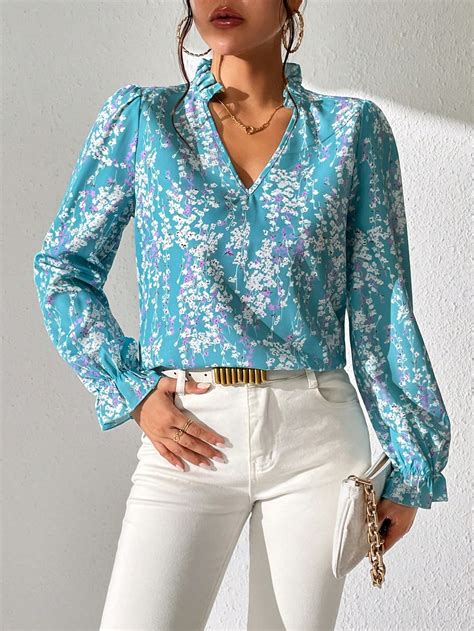 Allover Print Flounce Sleeve Frill Trim Notched Neckline Blouse Shein Uk