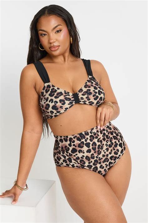 YOURS Plus Size Brown Leopard Print Contrast Strap Bikini Top Yours Clothing