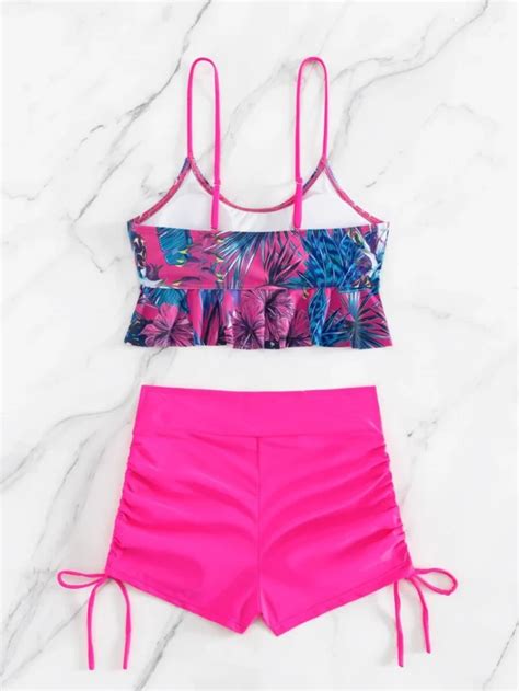 Tropical Print Ruffle Hem Drawstring Side Bikini Swimsuit Women S Store