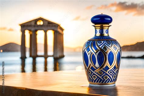 precious perfume flacon in ancient greece background , antique temples ...