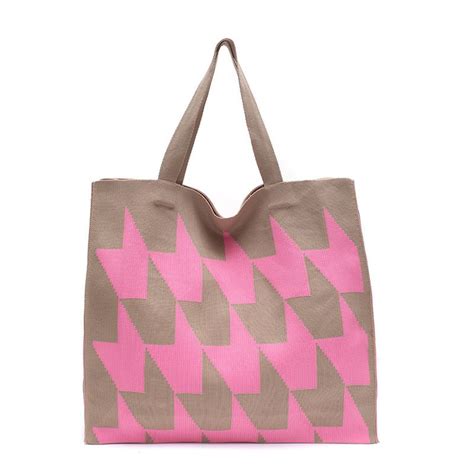 Large Knitted Houndstooth Tote Bag Pink Famous Mountain