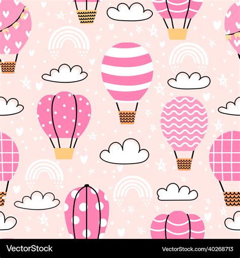 Cute Seamless Pattern With Pink Hot Air Balloons Vector Image