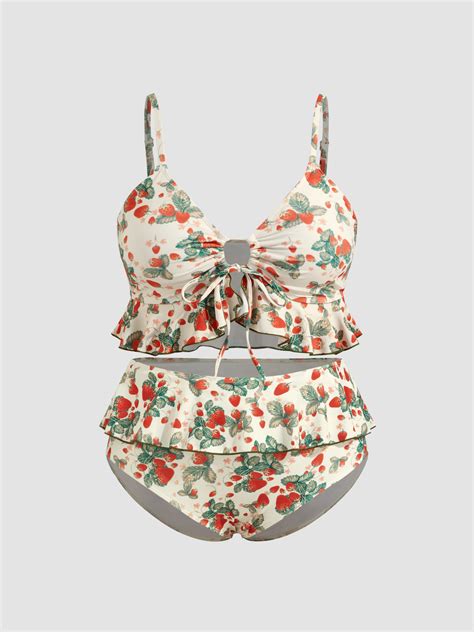 Plus Size Swimwear Jersey Shaping V Neck Strawberry Graphic Bracelet Full Coverage Bikini