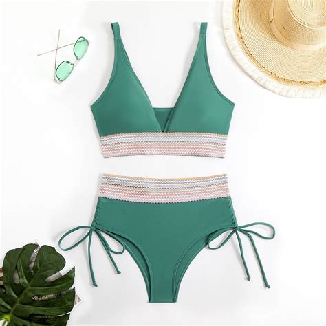 Ajshakl Plus Size Swimsuit For Women Color Blocking Deep V Bikini Pleated Swimsuit Green S