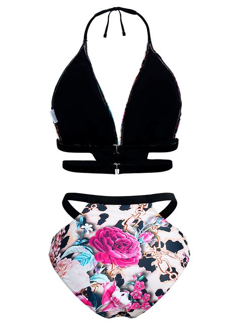 Halter Leopard Floral Print Bikini Set Rosewe USD 9 98