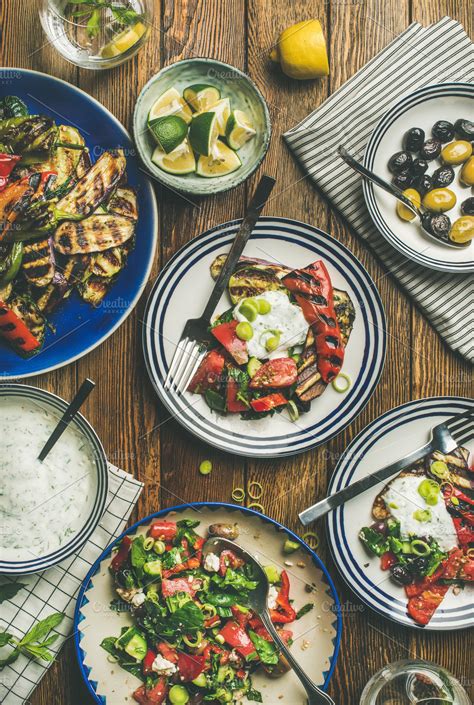 Flat Lay Of Healthy Dinner Table Setting Food And Drink Photos