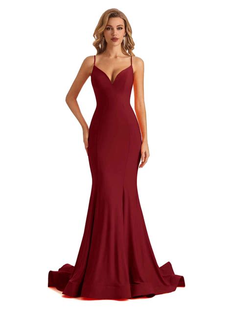 Sexy Mermaid Spaghetti Straps V Neck Stretchy Jersey Long Formal