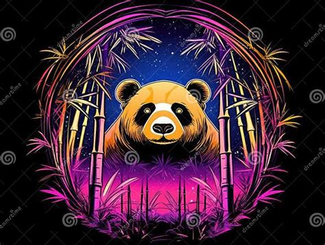 Panda Among Vintage Toned Bamboo In A Sunset Scene Vintage Style Illustration Of A Panda In A