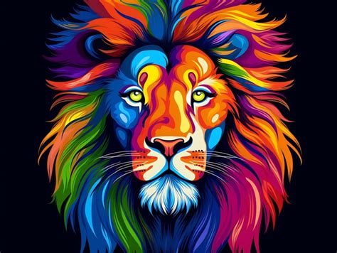 Colorful Lion Face Head Vivid Colors Pop Art Vector Illustrations Black