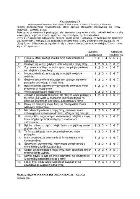 Skala Przywi Zania Do Organizacji Z Kluczem Kwestionariusz Cs Polska