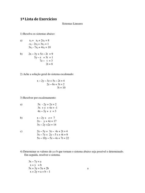 Lista De Exercícios Sistemas Lineares 3x3 Pdf - Exercícios de Sistemas Lineares 3x3 | PDF