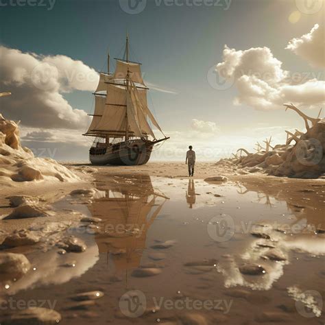 man with ship stranded on island alone, ai generative 30602367 Stock