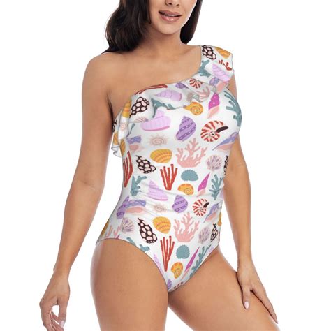 One Piece Swim Suits for Women 2024 - Cartoon Coral Shell Conch Ruffle